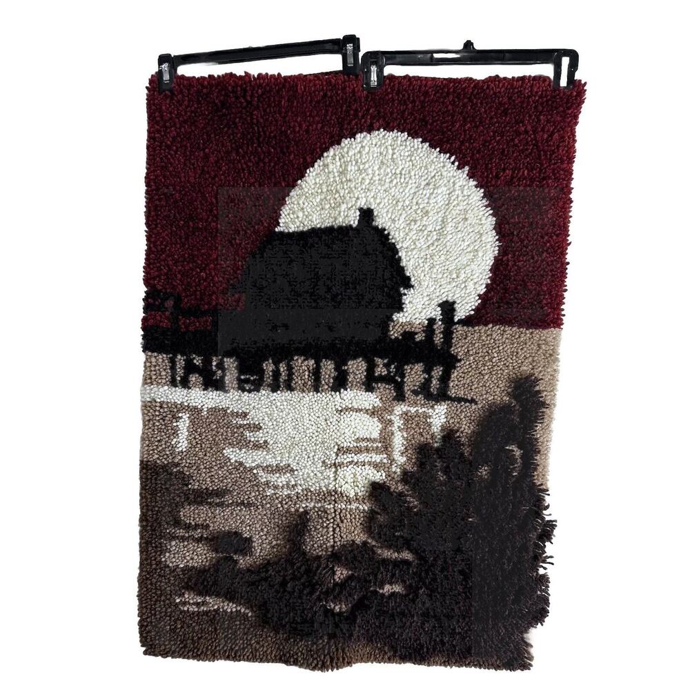 Vintage 1970 Latch hook Wall Hanging Dock house On Water Sunset Unique 25X34